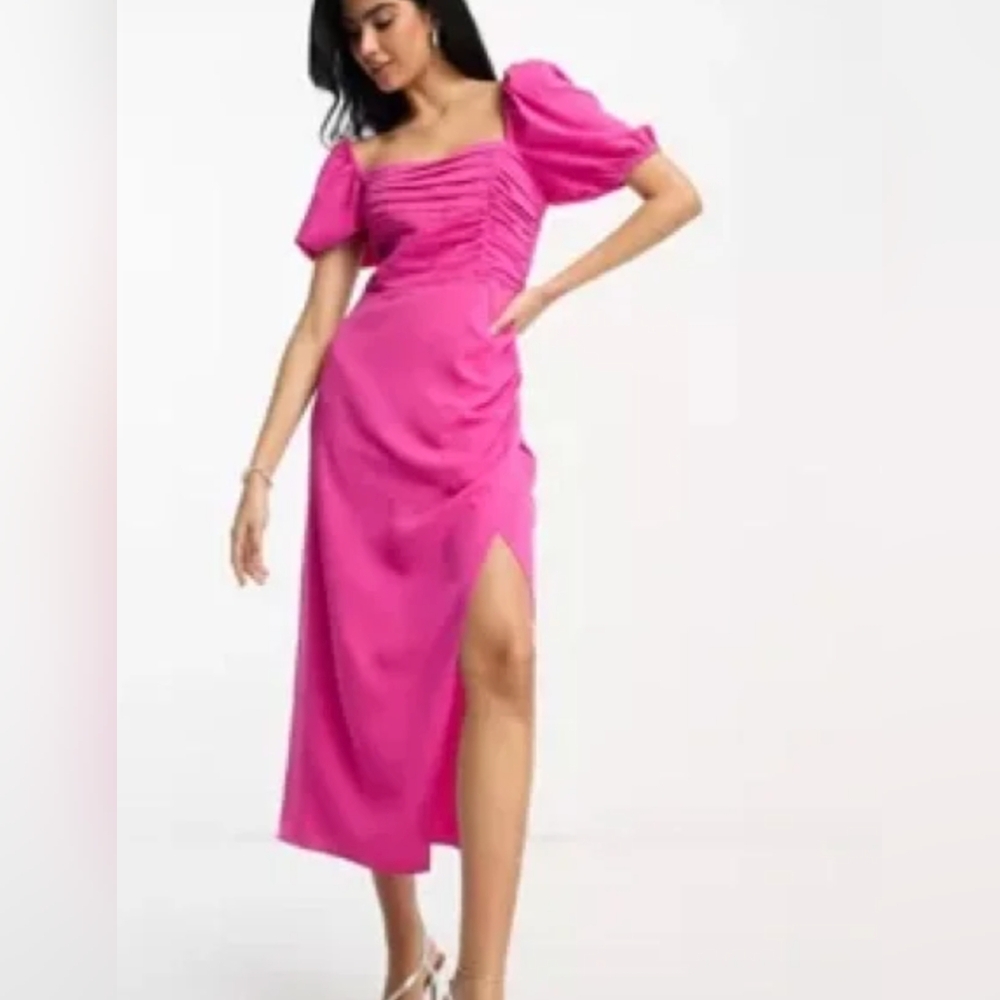 French Connection Fuchsia Puff-Sleeve Midi Dress